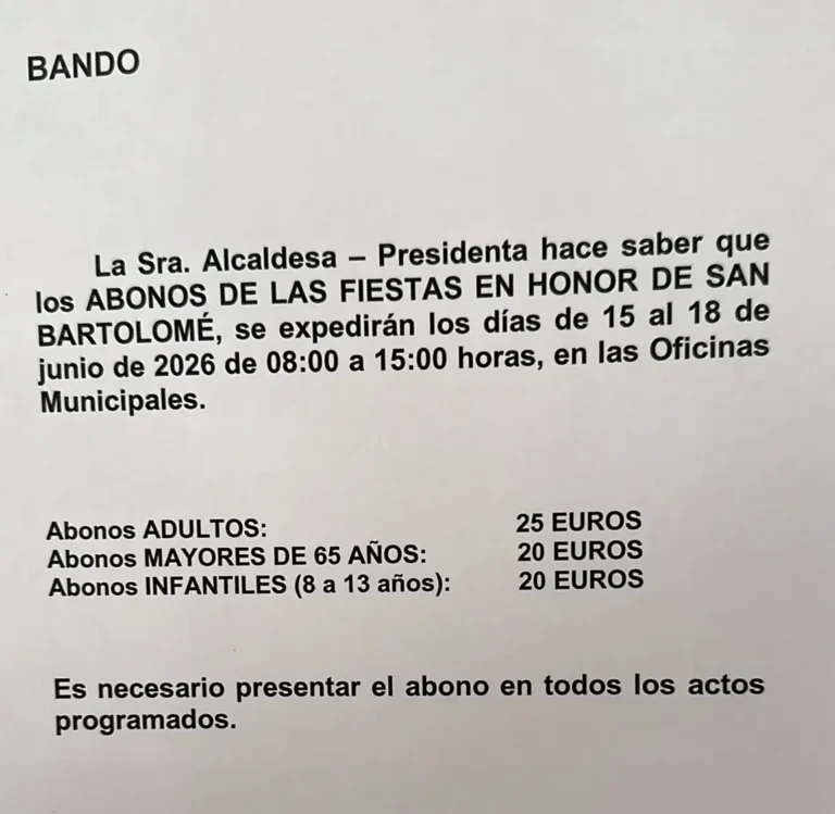 Abonos de las fiestas en honor a San Bartolomé 2026
