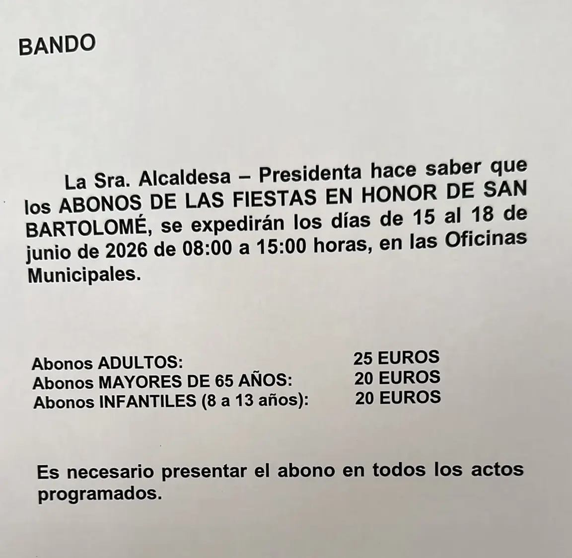 Abonos de las fiestas en honor a San Bartolomé 2026
