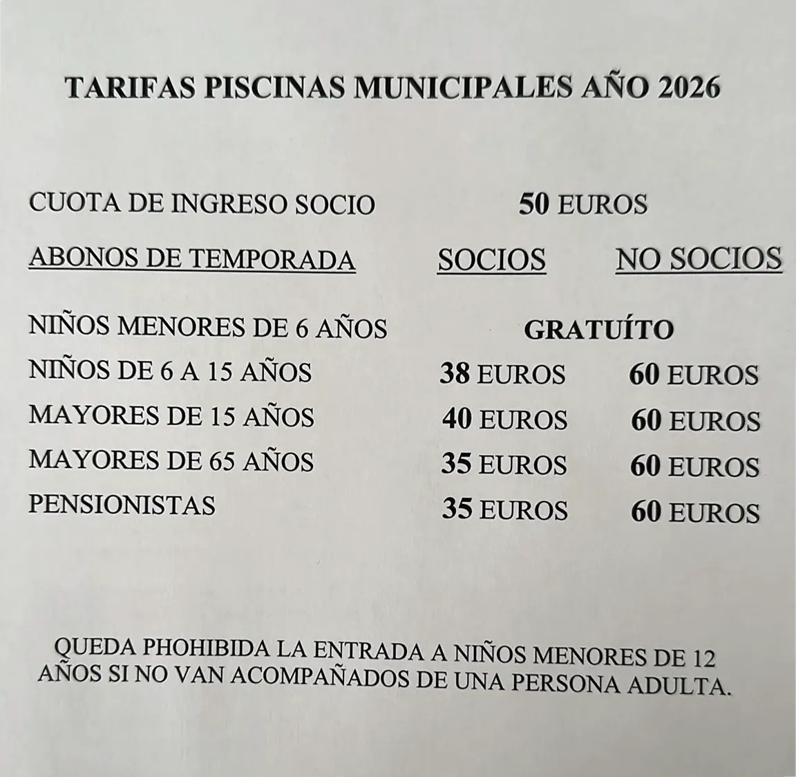 Tarifas piscinas municipales 2026